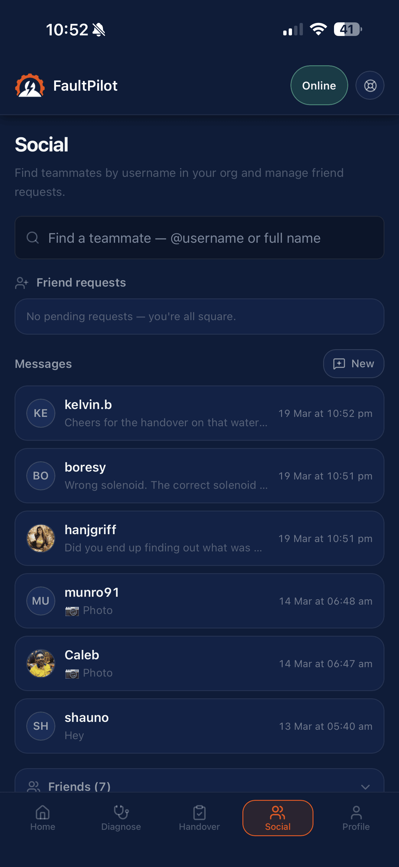 FaultPilot social messaging — work contacts and fault linked conversations
