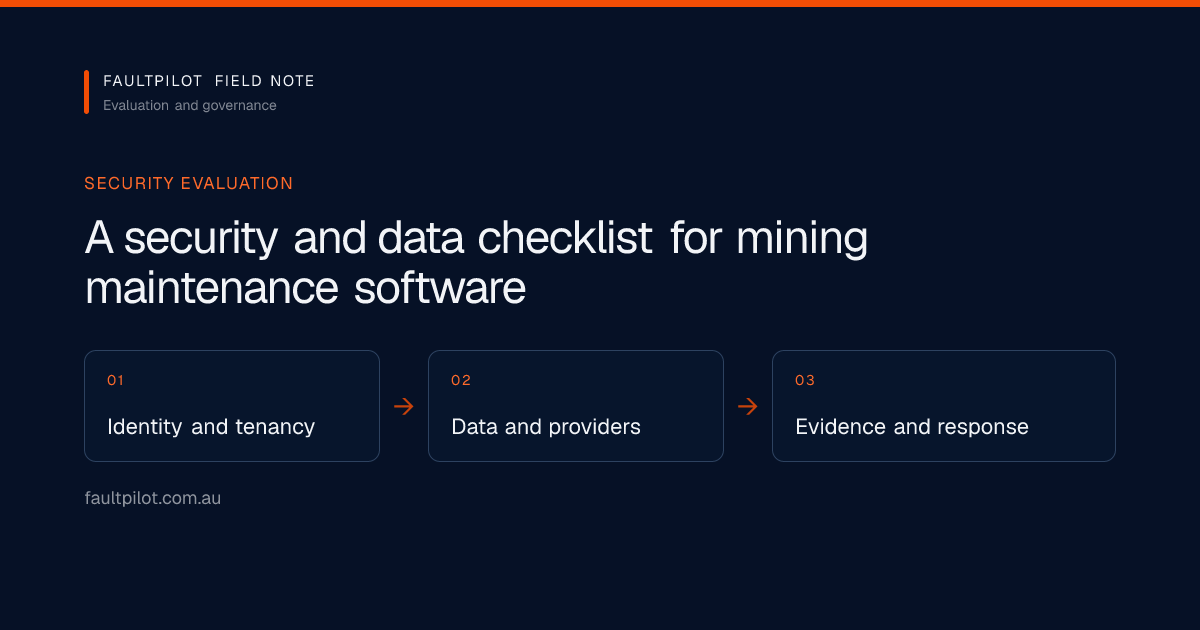 A mining maintenance software security review connecting identity, organisation boundaries, data flows and evidence