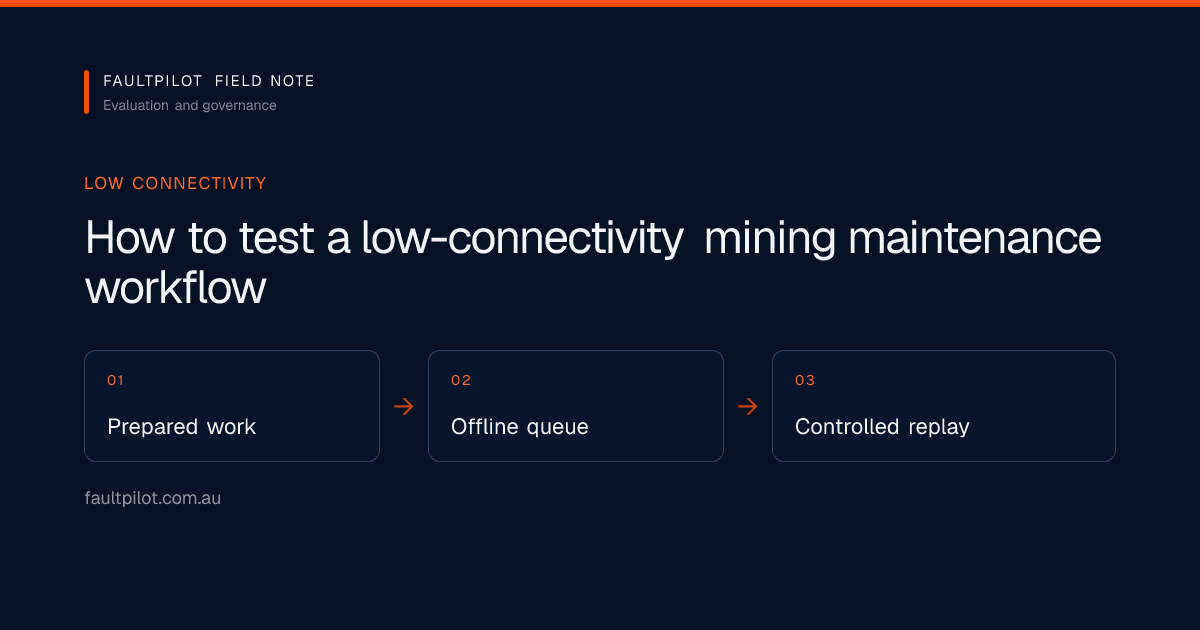 A low-connectivity mining maintenance test moving from connected preparation through offline work to controlled replay